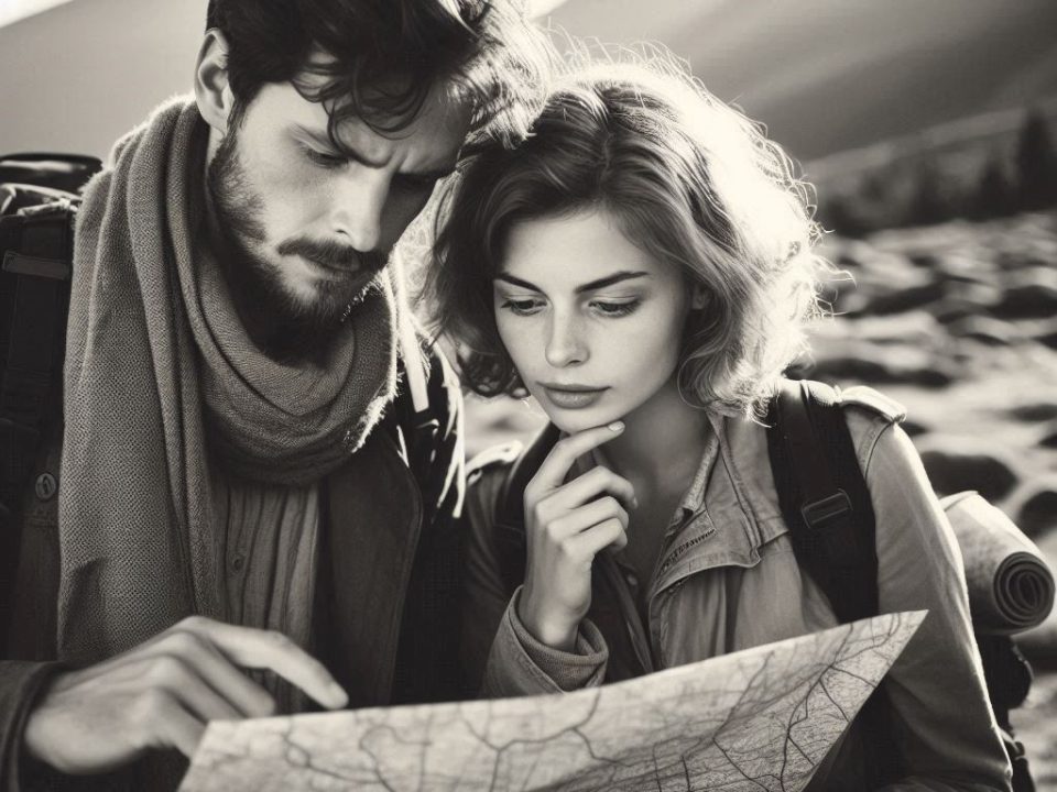 A man and woman using a map to find a thames coromandel accountants