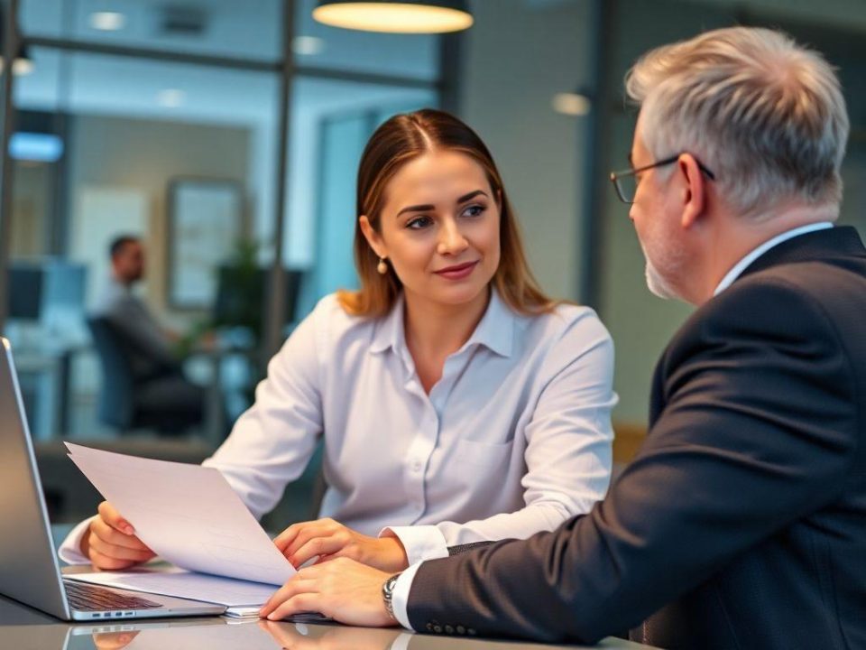 A lady and man at a desk discussing business issues
