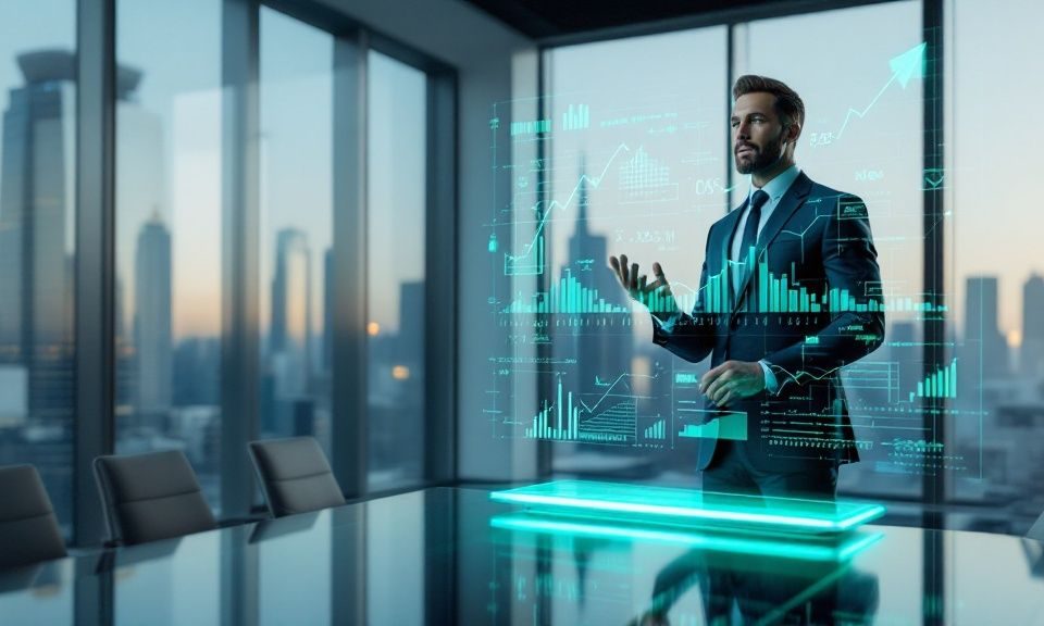a photo of a man in front of a futuristic whiteboard drawing graphs representing business Turnaround Strategies