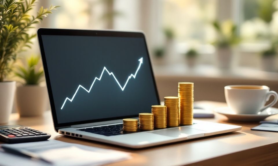 a graph on a computer showing a line increasing in an upward trend signifying an increase in average profit margin for small business
