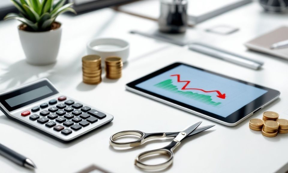 Flat-style illustration showing a person with oversized scissors cutting through the word “COSTS”, alongside visual elements like falling dollar signs, downward‑trending arrows, or bar graphs—symbolising active reduction of business spending to improve efficiency and boost profits.
