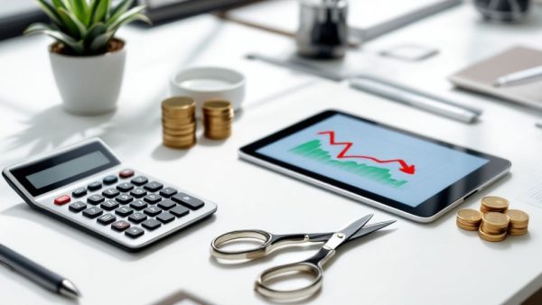 Flat-style illustration showing a person with oversized scissors cutting through the word “COSTS”, alongside visual elements like falling dollar signs, downward‑trending arrows, or bar graphs—symbolising active reduction of business spending to improve efficiency and boost profits.