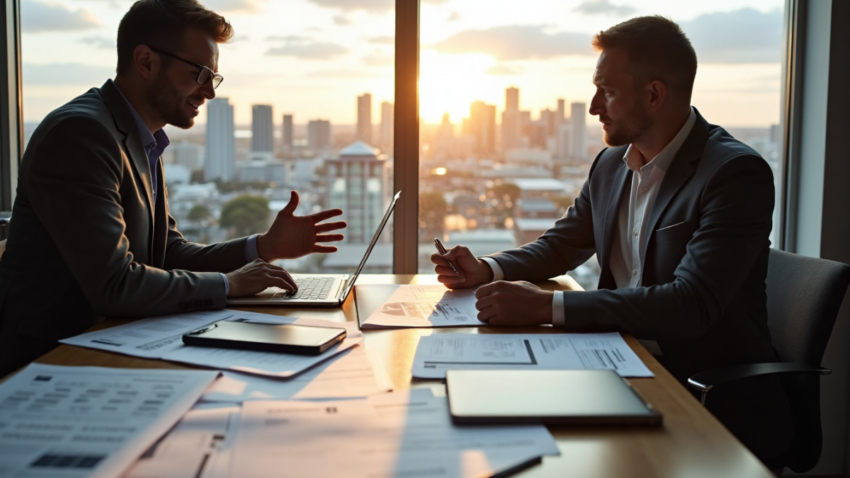 Two business owners discussing tax paperwork in Auckland office