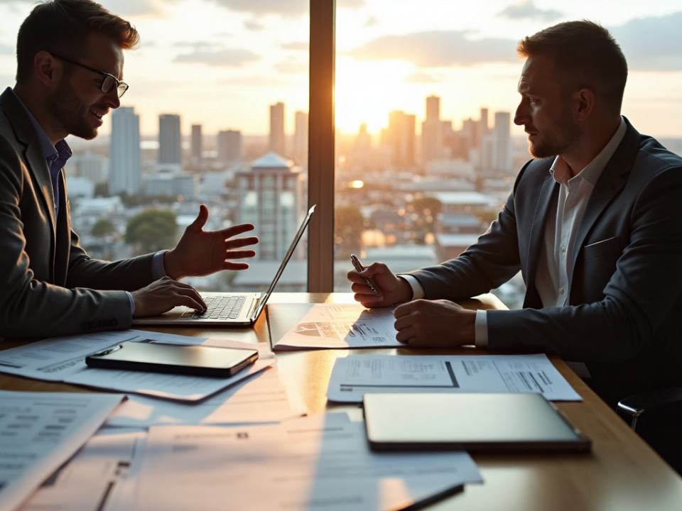 Two business owners discussing tax paperwork in Auckland office