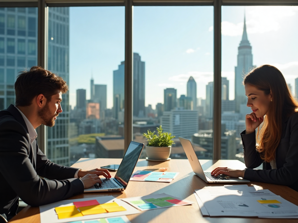 Two business owners review financial statements in bright Auckland office