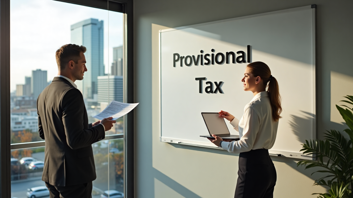 Auckland business owners reviewing provisional tax reports by a window