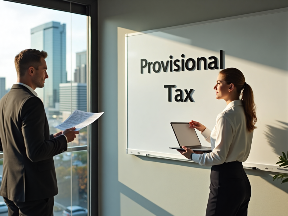 Auckland business owners reviewing provisional tax reports by a window