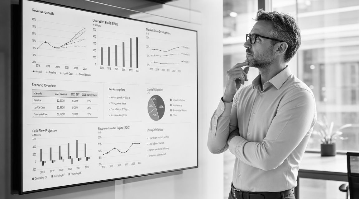 A professional man in a business shirt thoughtfully examines a dashboard with various financial charts and projections.