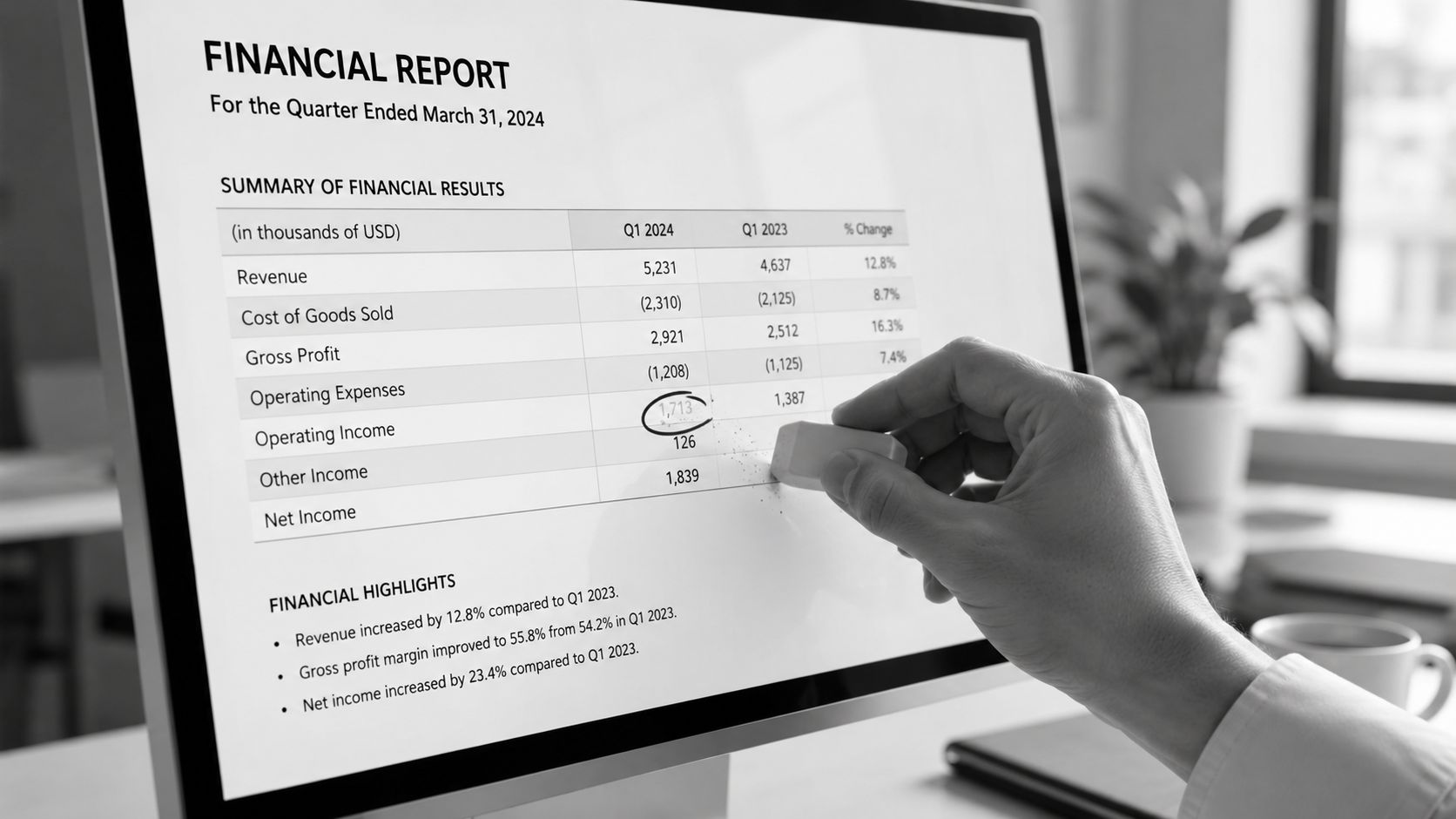 A hand uses an eraser to remove a circled number from a financial report on a monitor.