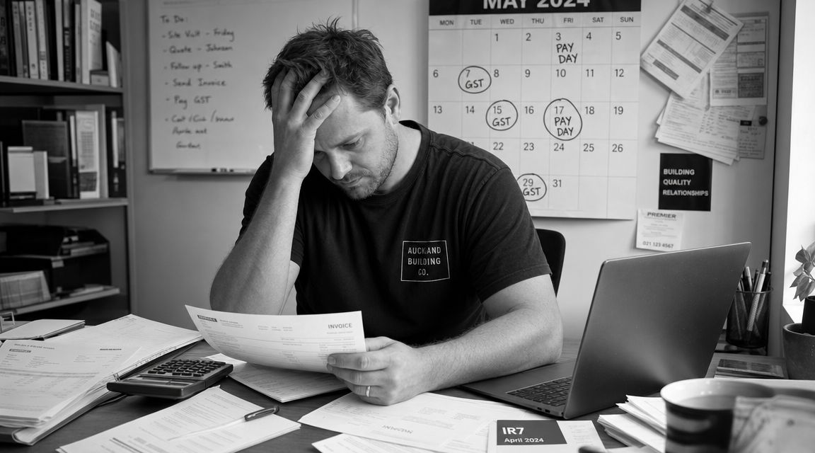 A stressed builder sitting at his desk, overwhelmed by invoices and paperwork while planning business finances.