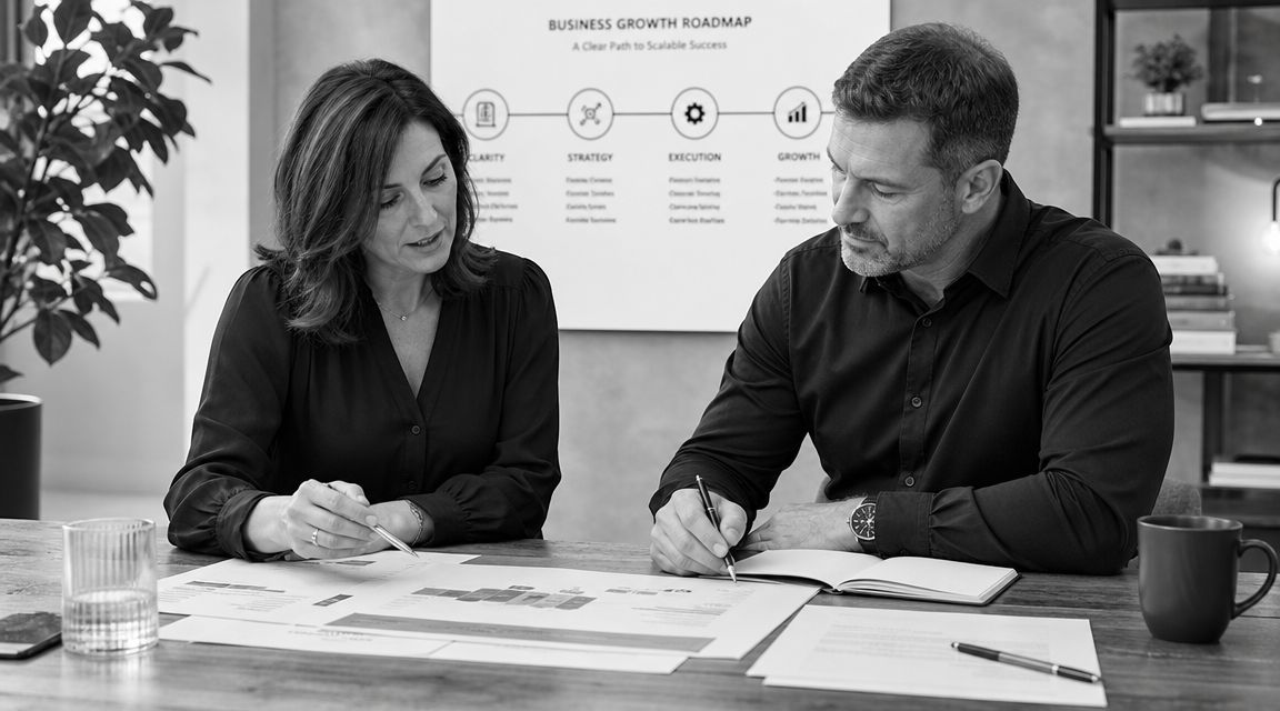 A professional woman and man collaborating over business documents in a modern office workspace environment.