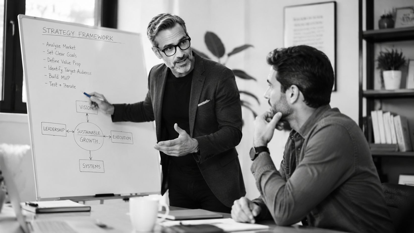 A professional business mentor coaching a younger entrepreneur while discussing strategy on a whiteboard in an office.