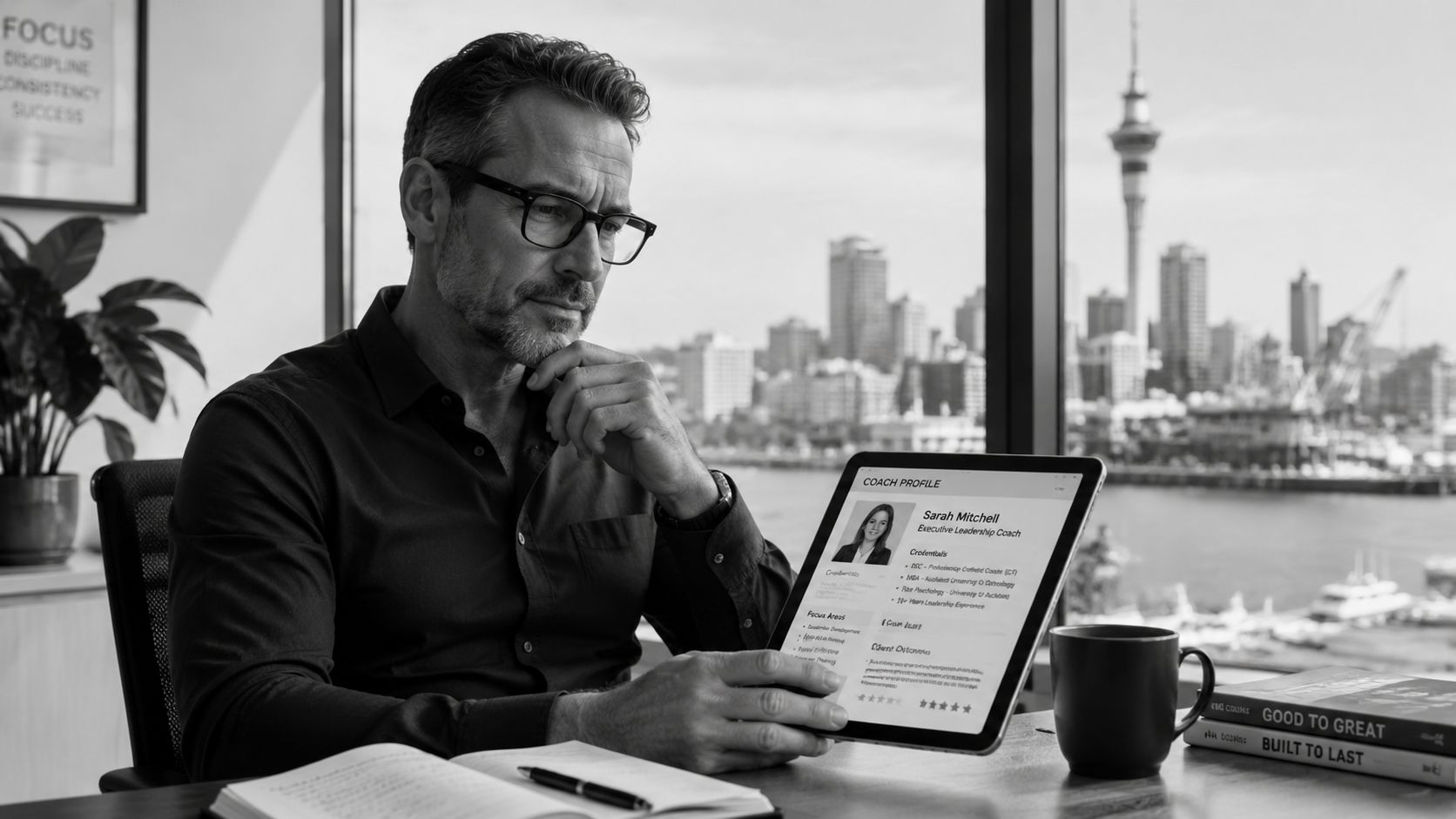 A professional man reviewing a coach profile on a tablet in an office overlooking a city skyline.