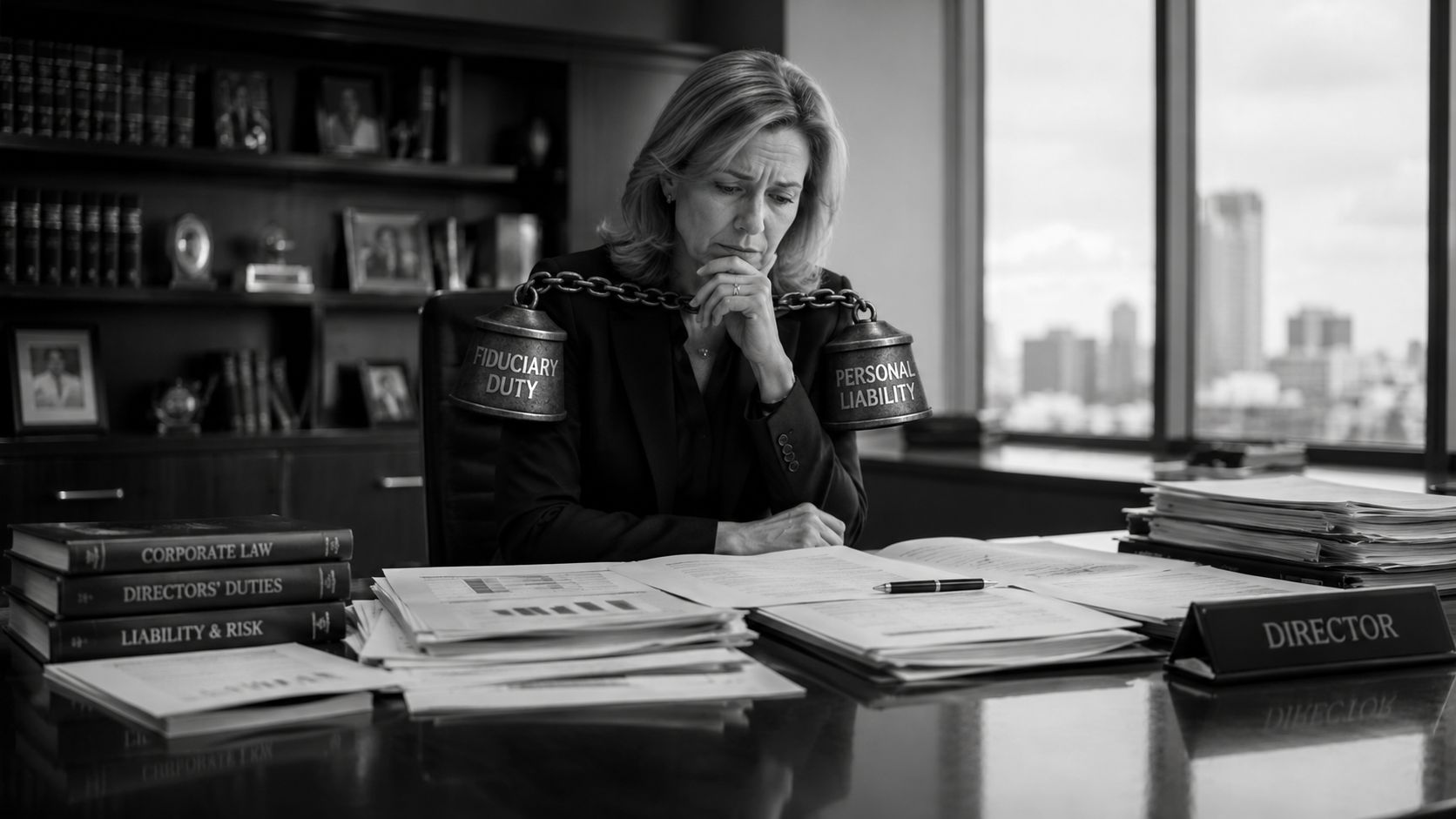A businesswoman sits at her office desk feeling stressed under the weight of fiduciary duty and personal liability.