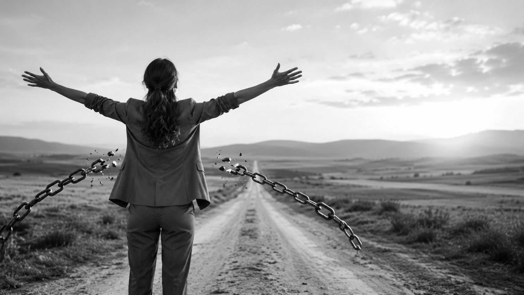 A businesswoman standing on a dirt road with arms wide open and broken chains falling away.