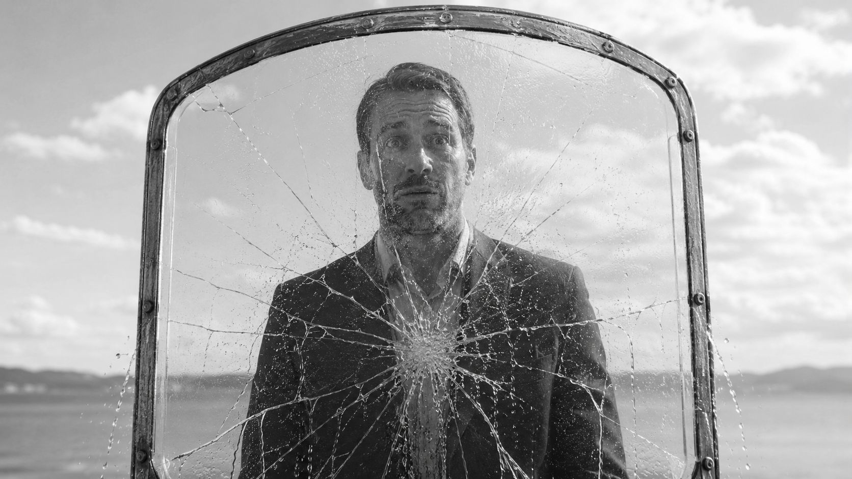 A man looking shocked behind a shattered, water-splattered glass pane with a dramatic sky background.