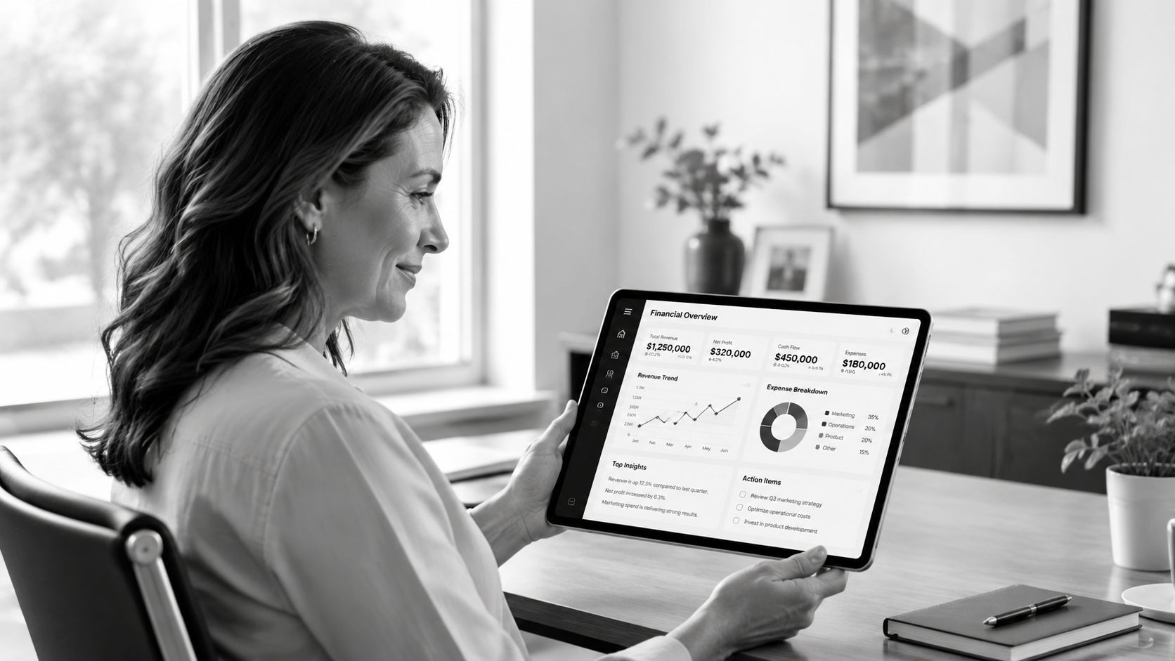 A professional woman in an office reviews financial performance dashboards on a tablet computer.