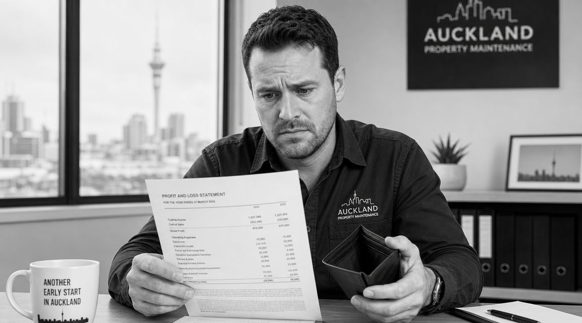 A concerned business owner reviews a profit and loss statement while holding an empty wallet.