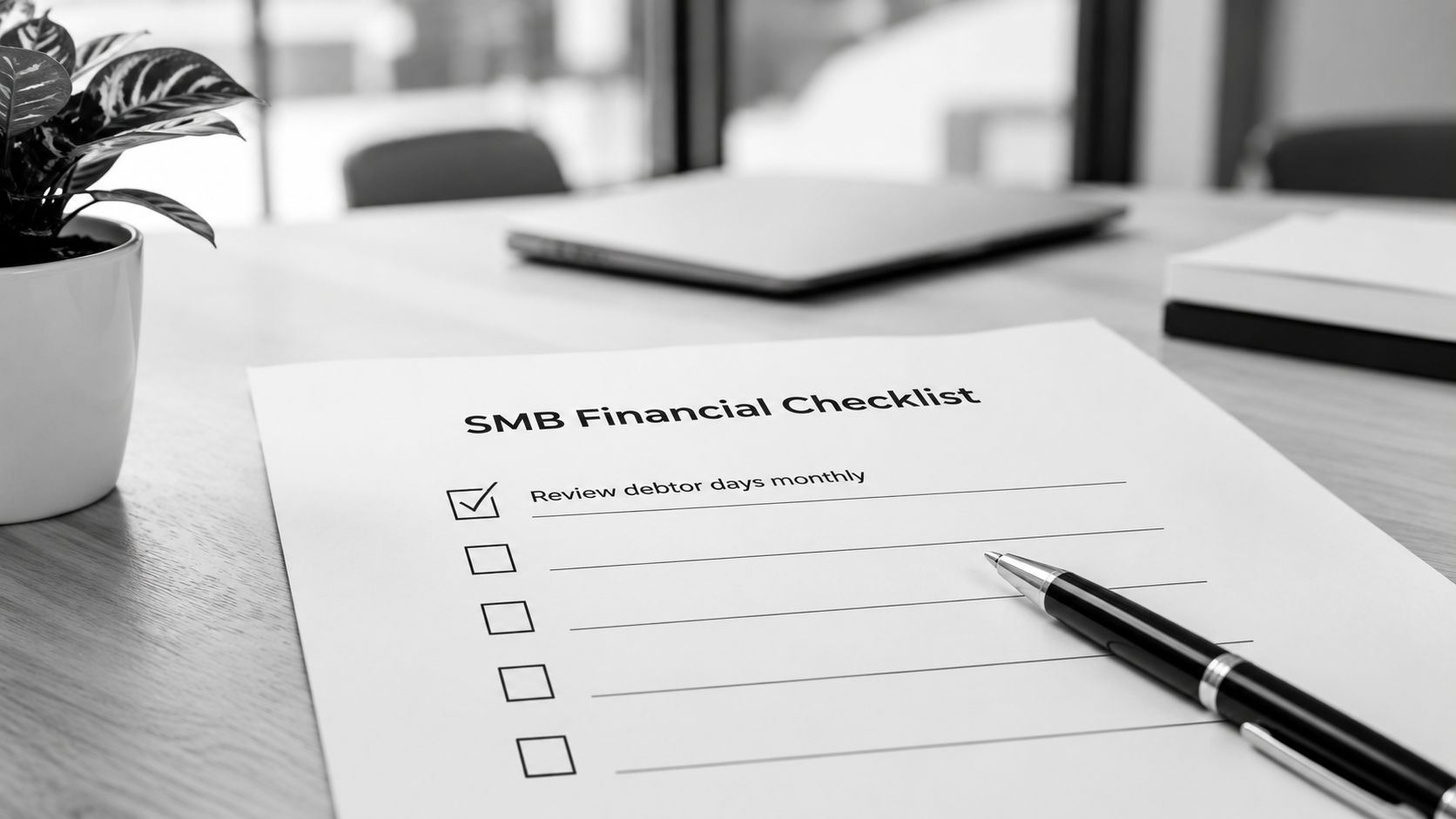 A close-up view of an SMB financial checklist document with a pen resting on a wooden desk.