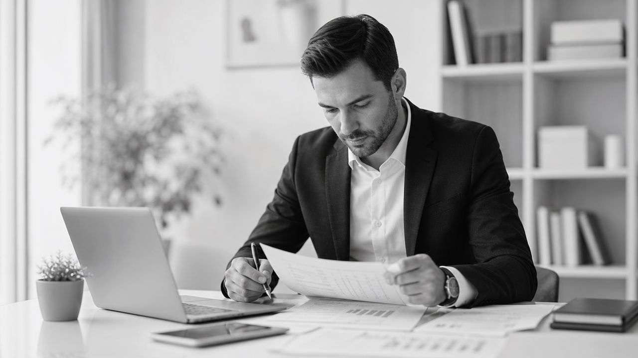 A professional man in a suit working at a desk with a laptop and documents.