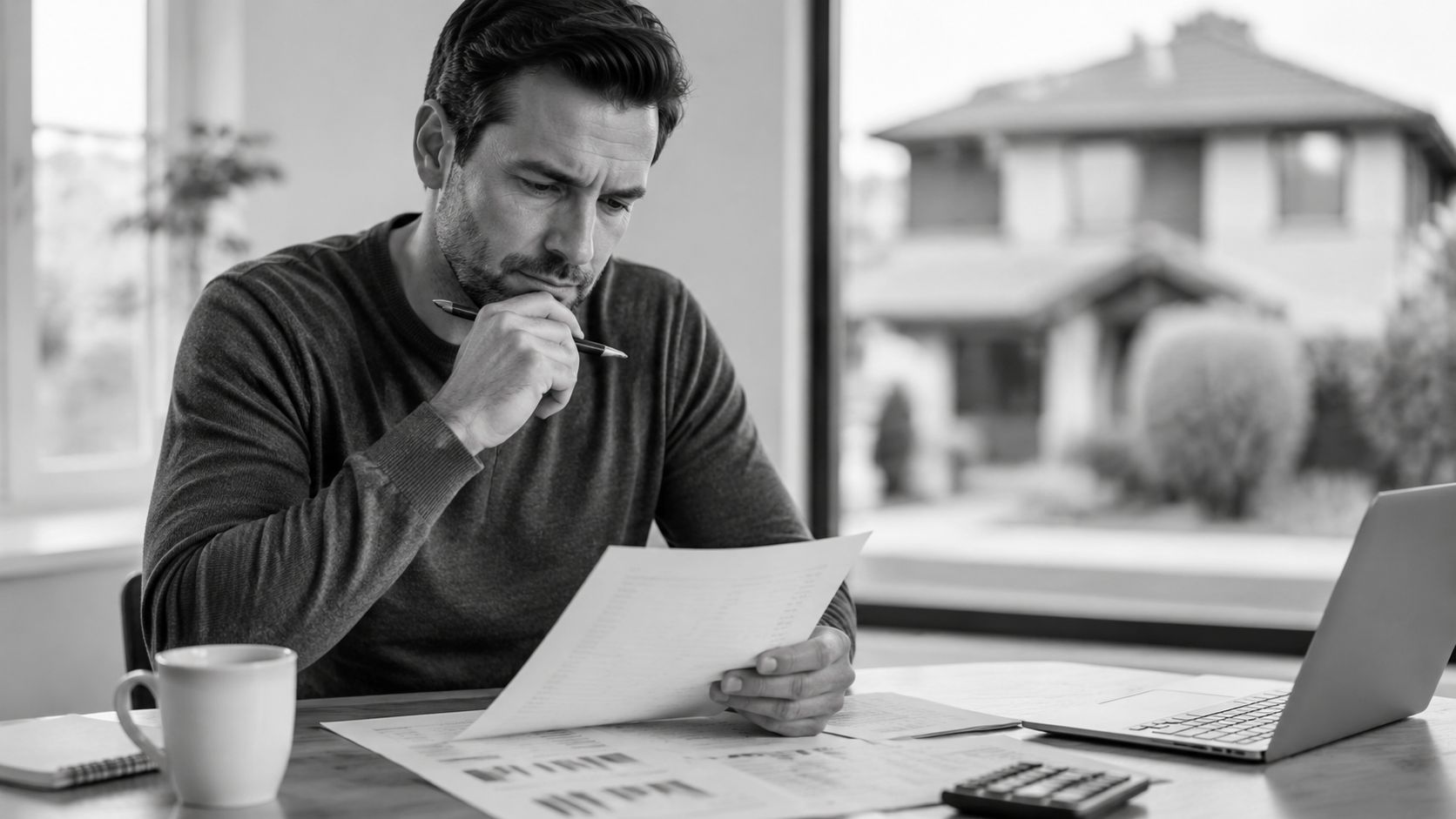 A focused man analyzing financial documents and charts while working from a home office desk.