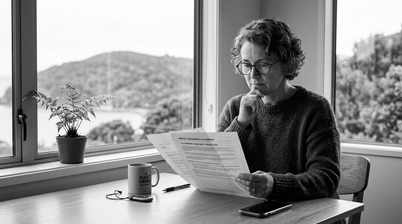 A woman in a sweater looks thoughtfully at an annual investment statement while sitting by a window.