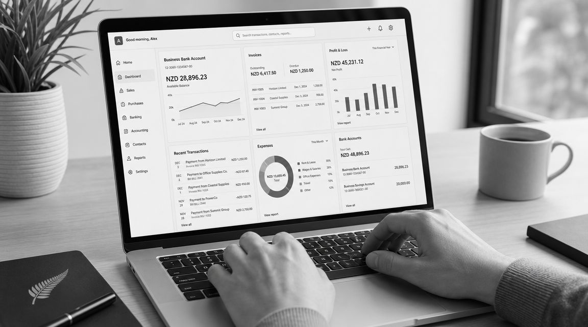 A professional working on a laptop displaying a financial dashboard with bank account and accounting data.