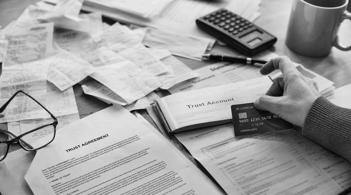 A hand holding a credit card over financial documents, receipts, and a trust agreement on a desk.