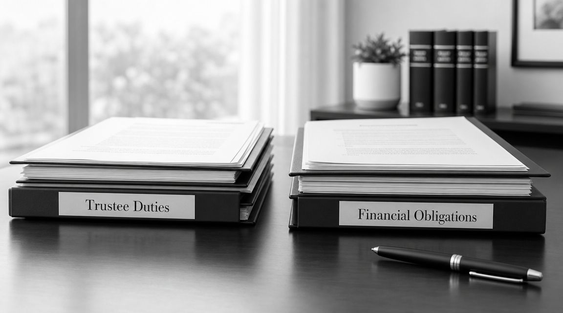 Two black document binders labeled Trustee Duties and Financial Obligations resting on a wooden office desk.