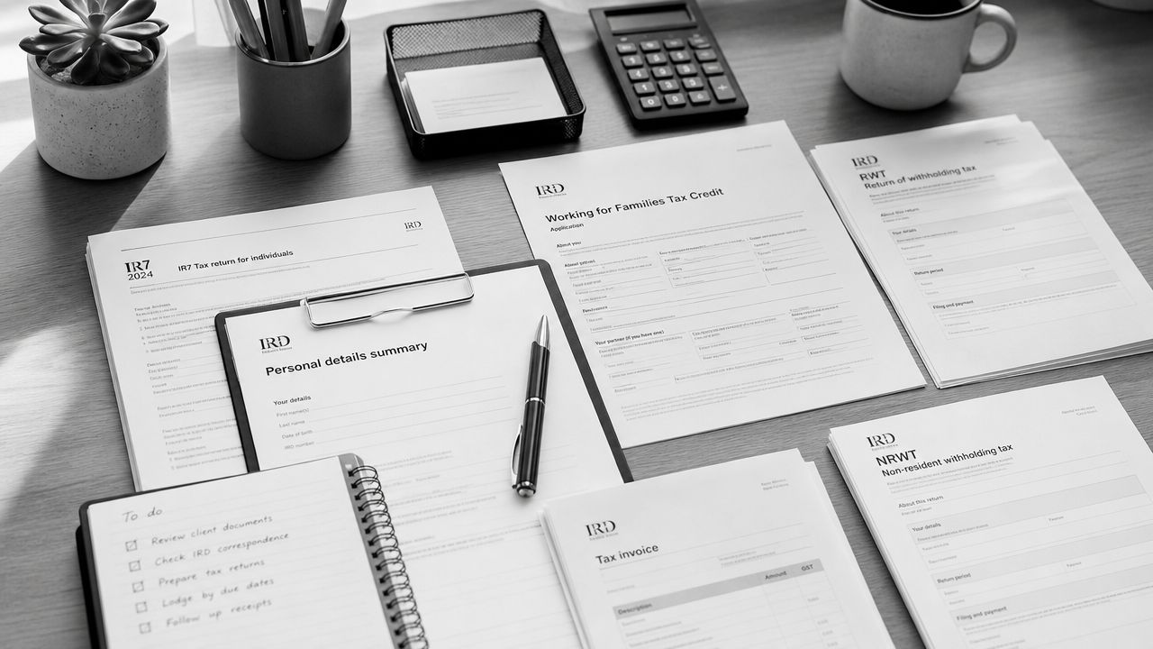 A top-down view of a wooden office desk featuring various New Zealand tax forms and a to-do list.