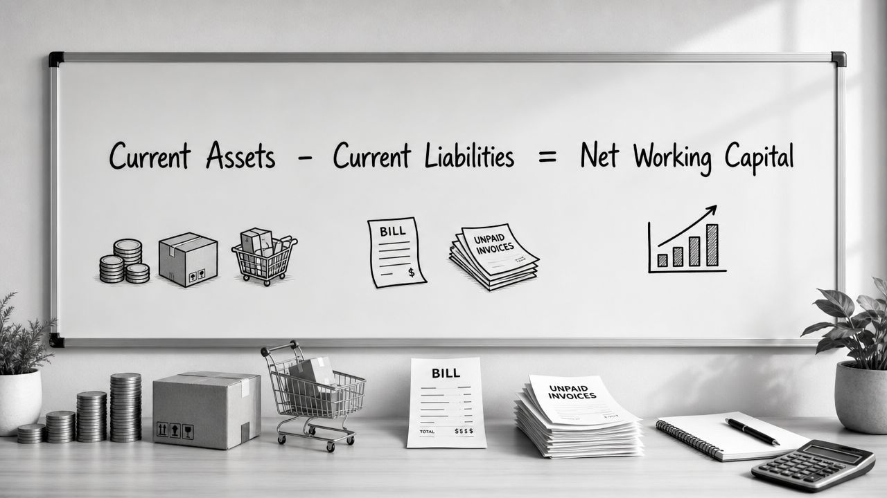 A whiteboard showing the business accounting formula Current Assets minus Current Liabilities equals Net Working Capital.