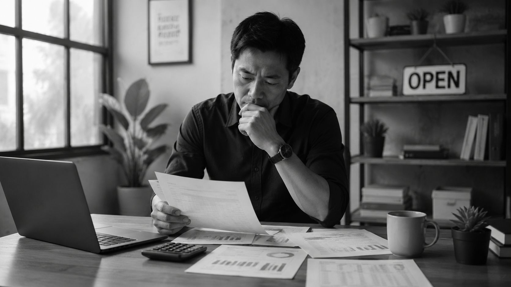 A concerned businessman reviewing financial documents and charts at his desk in a dimly lit office.