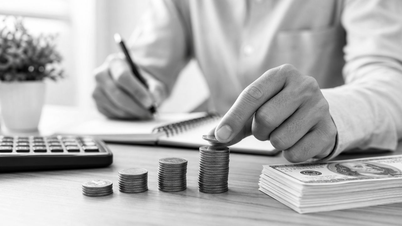 A person writing in a notebook next to stacks of coins and a pile of cash.
