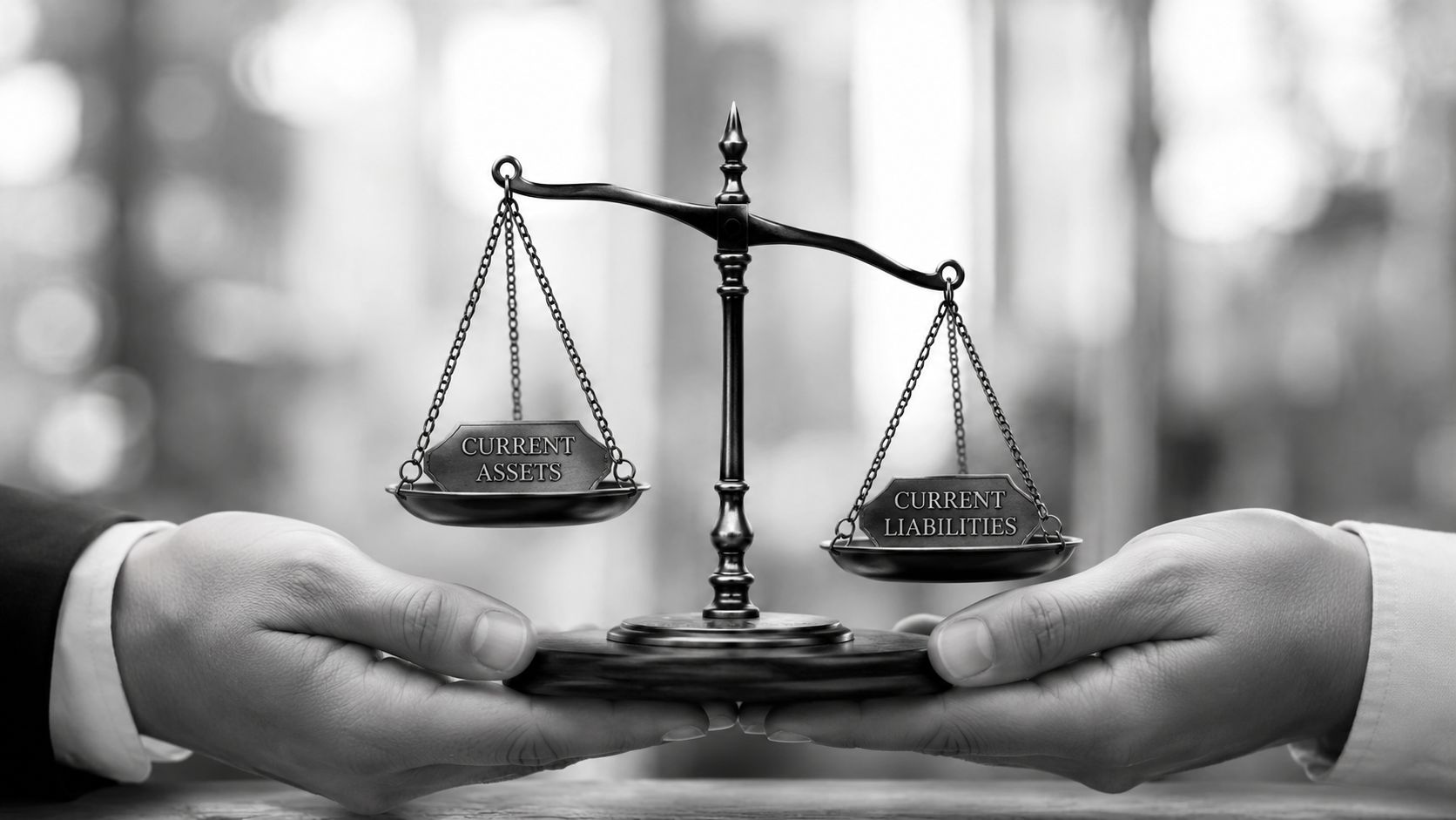 A conceptual scale held by hands comparing current assets and current liabilities in black and white.
