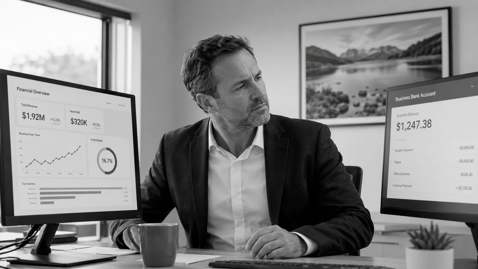 A middle-aged businessman in a suit looks concerned while analyzing financial dashboards on dual computer monitors.
