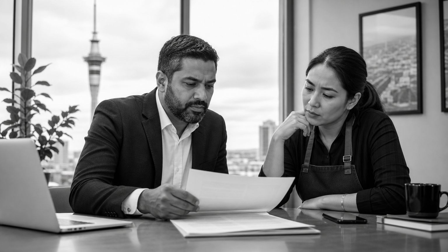 A professional advisor discussing financial documents with a business owner in a modern Auckland office setting.