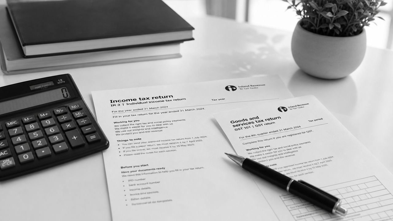 Income and GST tax return forms from Inland Revenue New Zealand placed on a white desk.