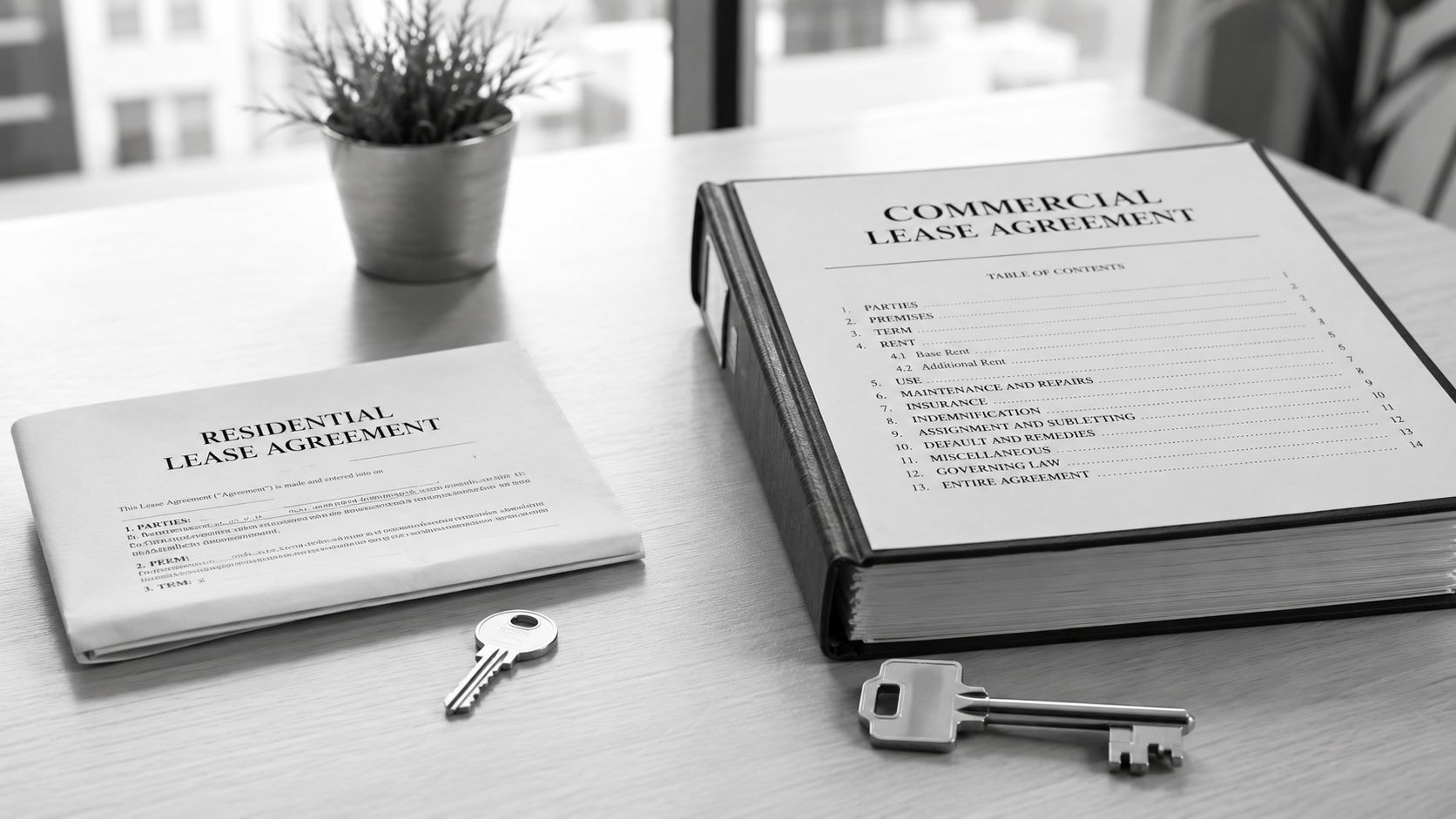 A wooden desk holding a residential lease agreement, a commercial lease agreement folder, and metal keys.