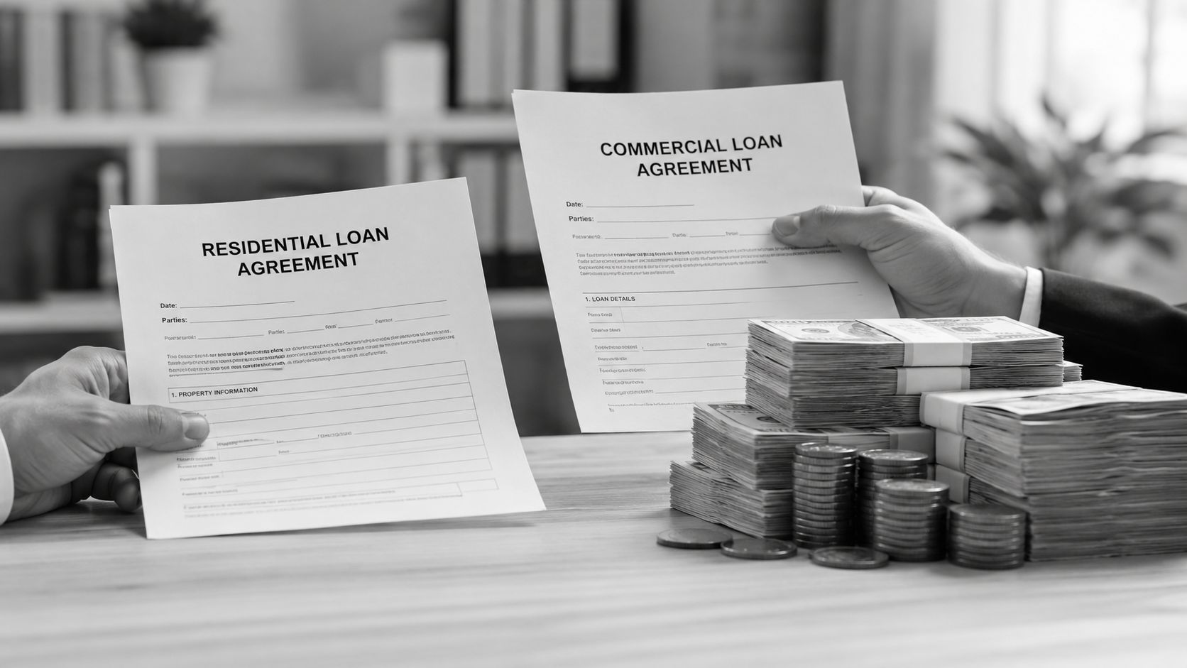 A professional comparing residential and commercial loan agreements with stacks of cash on a table.