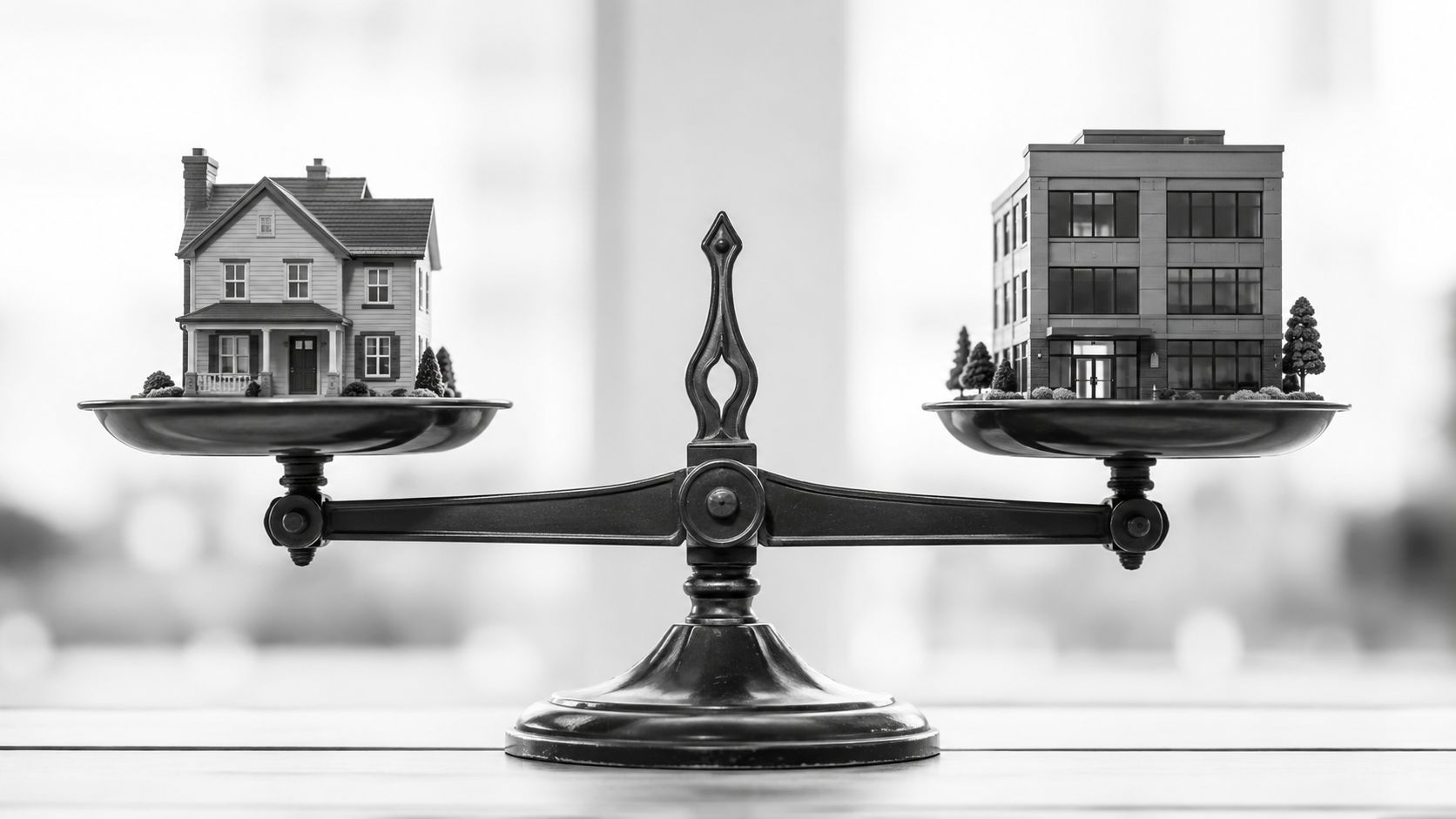 A conceptual scale balancing a residential house model on one side and a commercial building on the other.