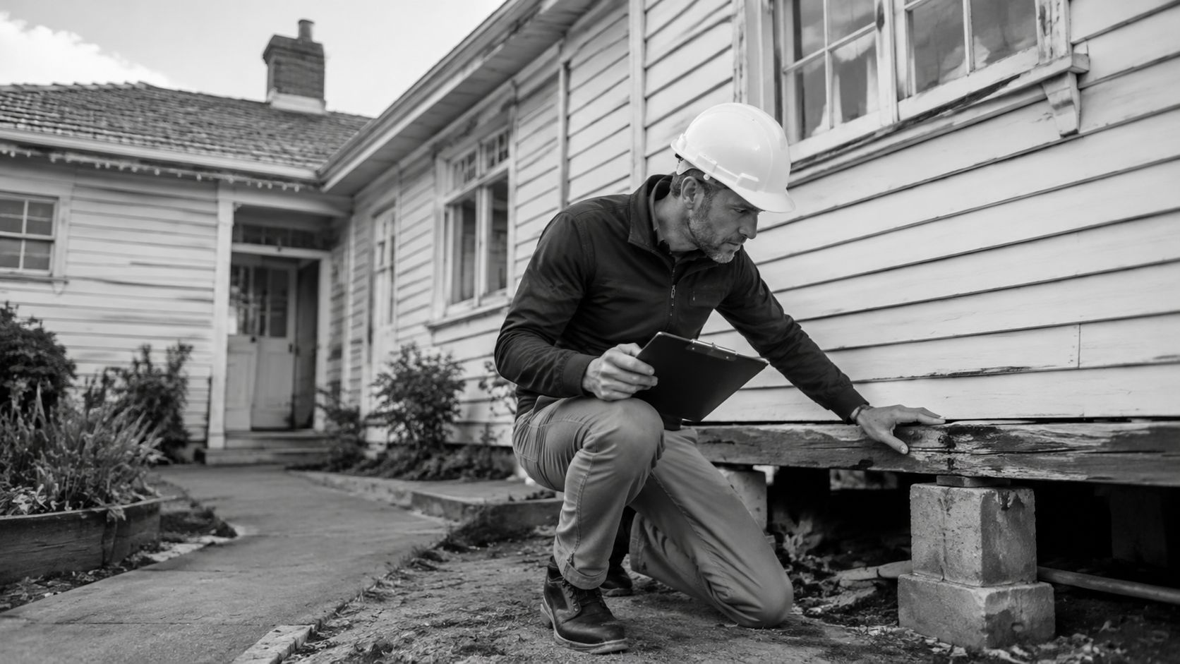 A professional building inspector wearing a hard hat examines the structural foundation of an old house.