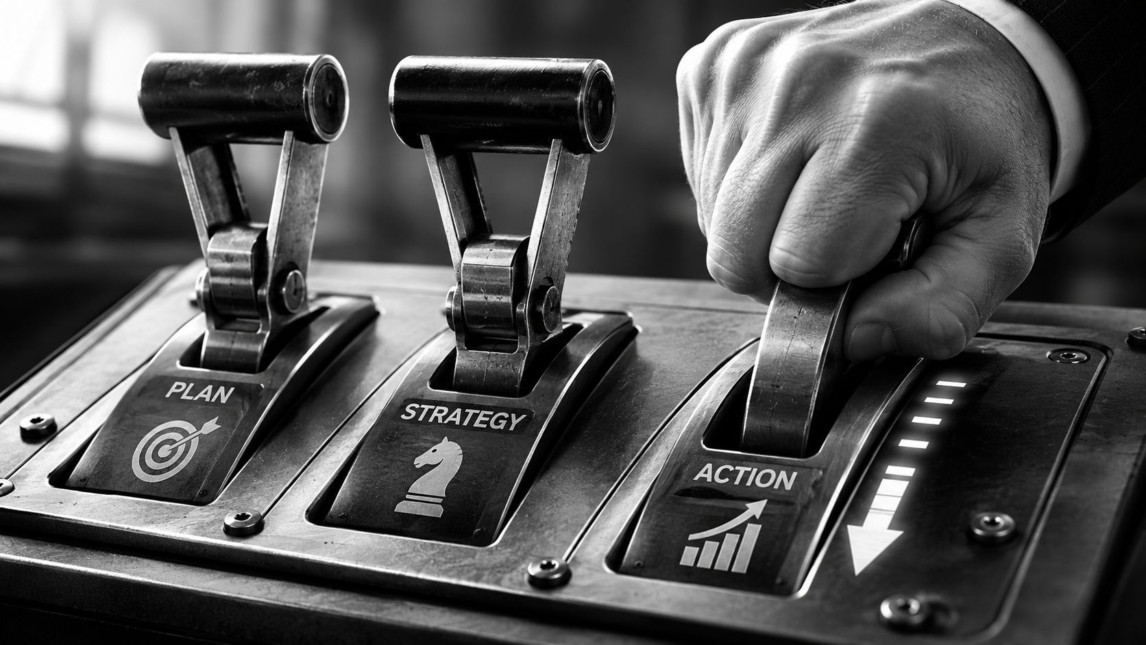 A hand pulling the Action lever on a control panel labeled Plan, Strategy, and Action.