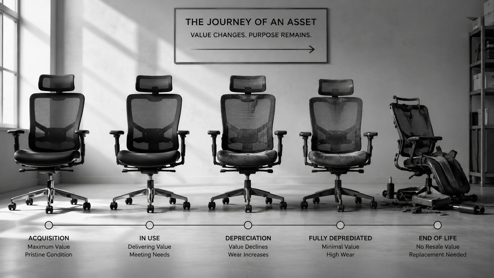 A sequence of five office chairs illustrating the lifecycle of an asset from acquisition to end of life.