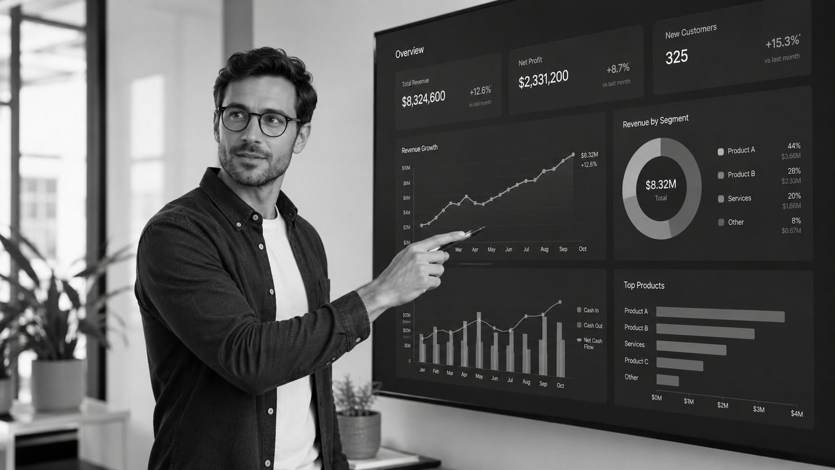 A professional man standing in an office pointing at a large digital business dashboard screen.