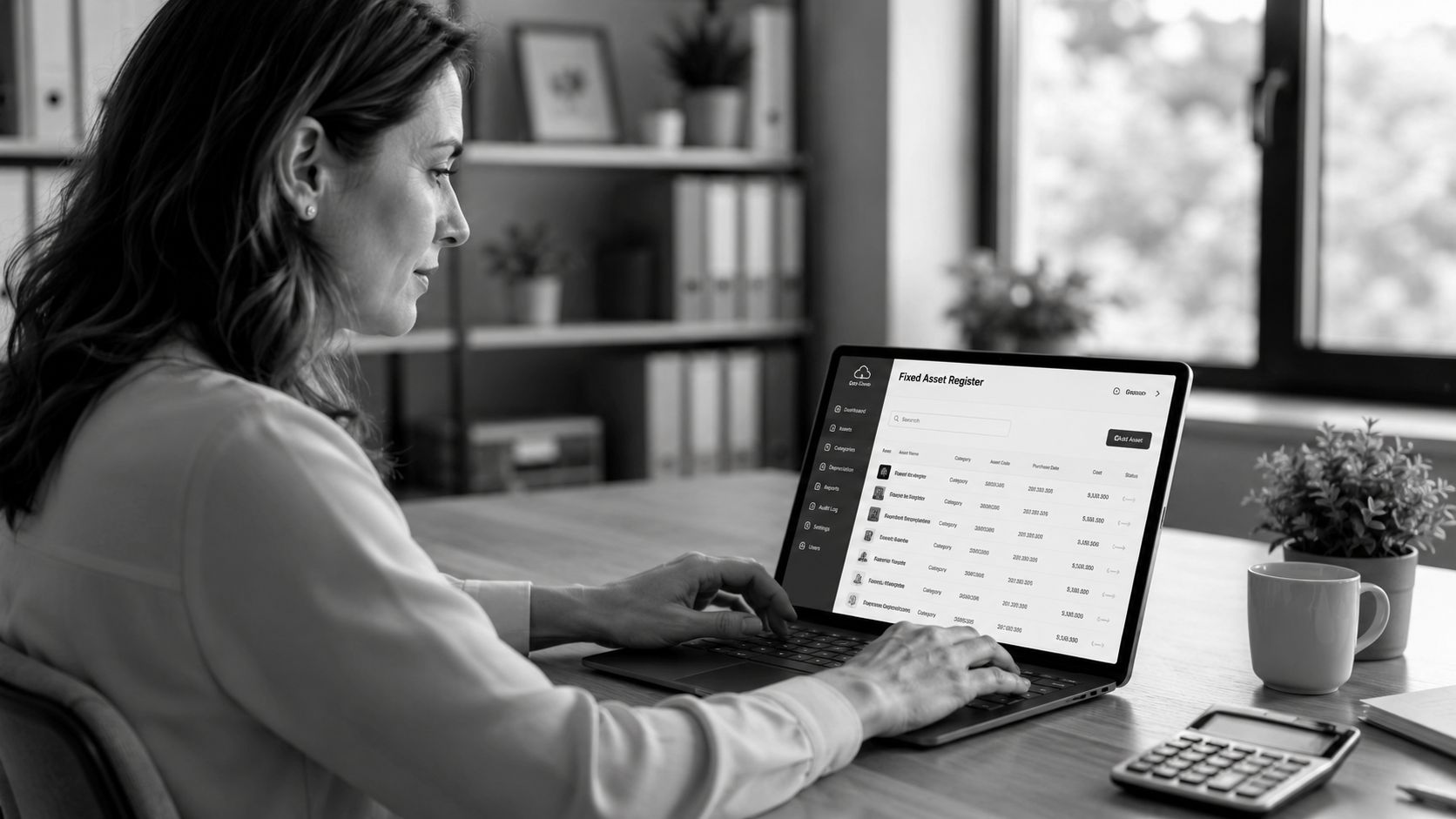 A professional woman working on a laptop displaying a fixed asset register software interface in an office.