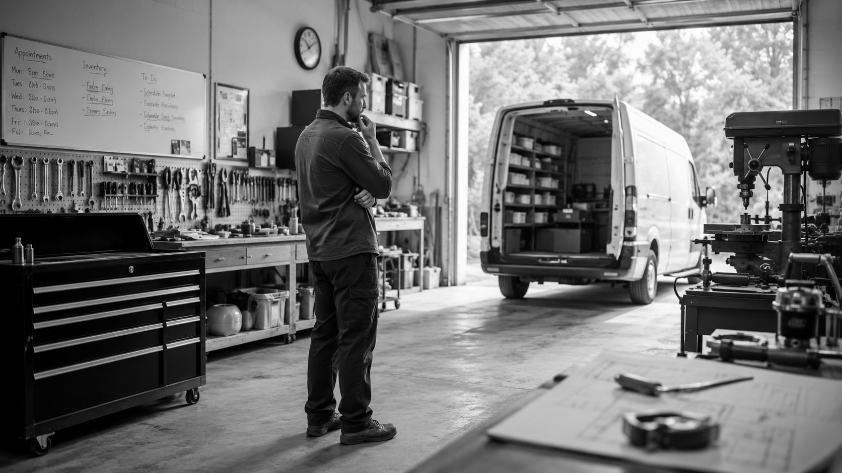 A technician stands in a professional workshop, contemplating a work van parked with doors open.