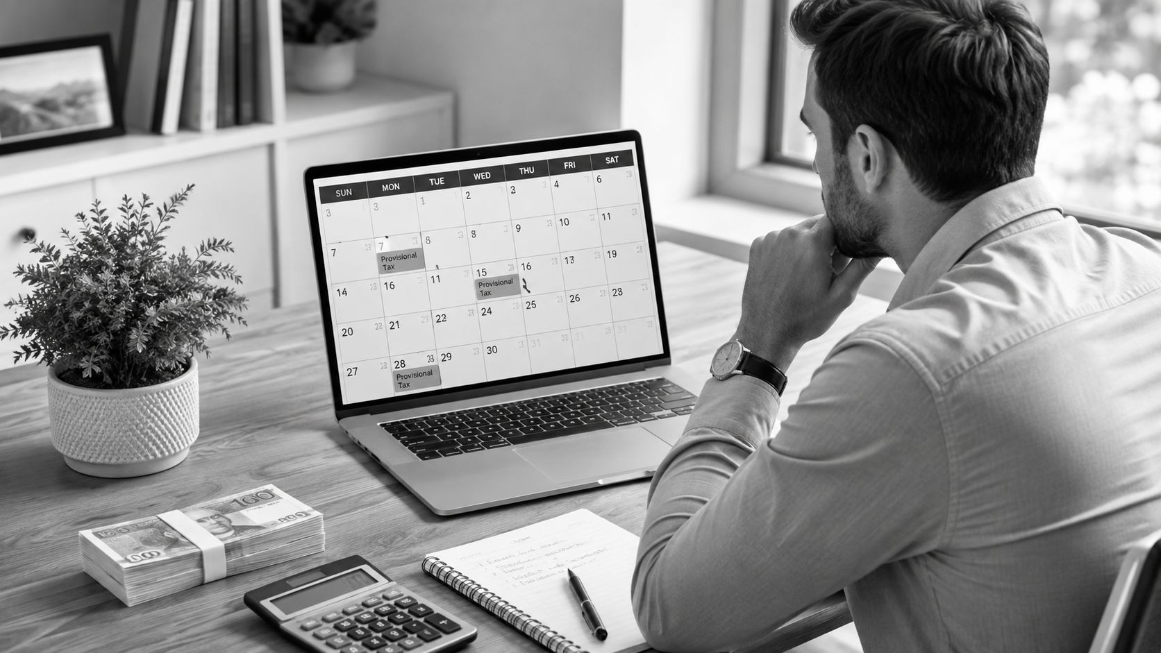 A man reviewing tax deadlines on a laptop calendar while sitting at a desk with cash.
