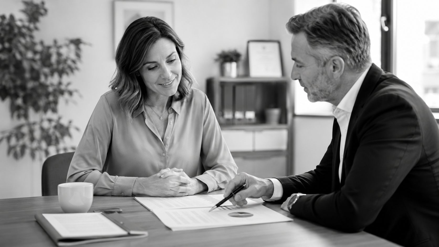 A professional man and woman reviewing business financial documents and charts together in an office setting.