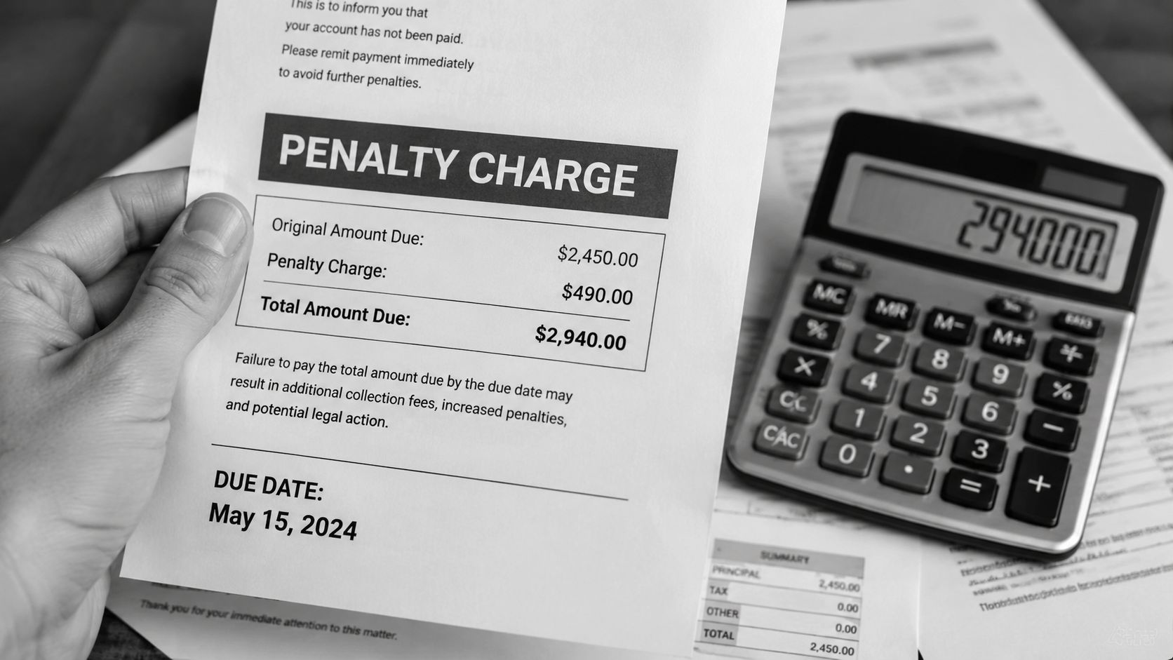 A hand holding a penalty charge document next to a calculator showing an unpaid tax amount.