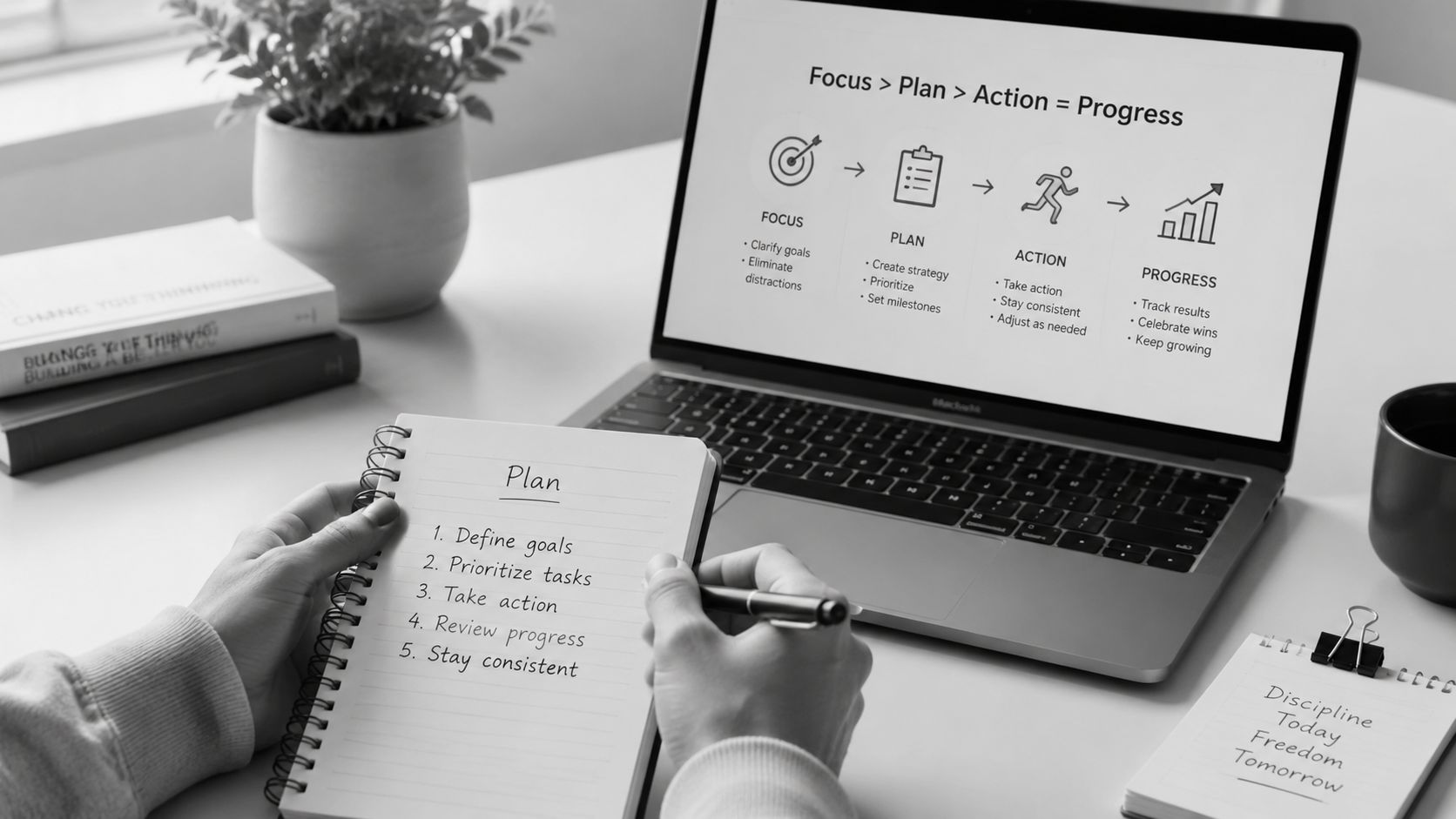 A person writing a plan in a notebook while looking at a productivity diagram on a laptop.